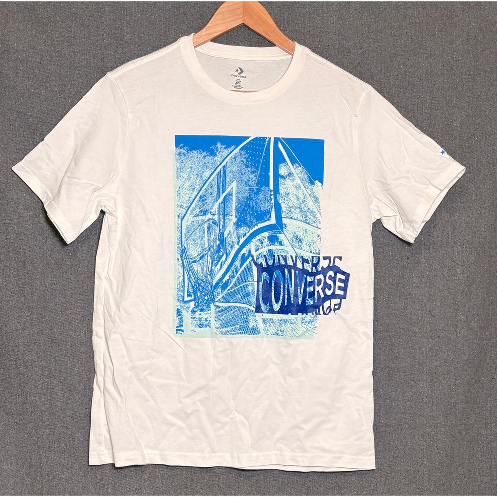 Converse Mens Graphic T-Shirt White Blue Basketball Hoop Print Small S Tee